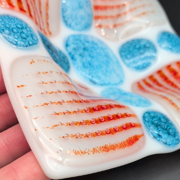 Colorful Blue Orange And White Fused Glass Trinket Dish - Picture 5 of 7